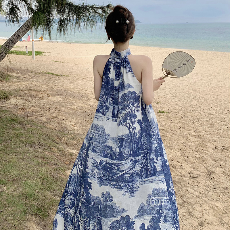 COS Women's Casual A-Line Linen Floral Print Dress Blue White Summer 2023 - Image 3