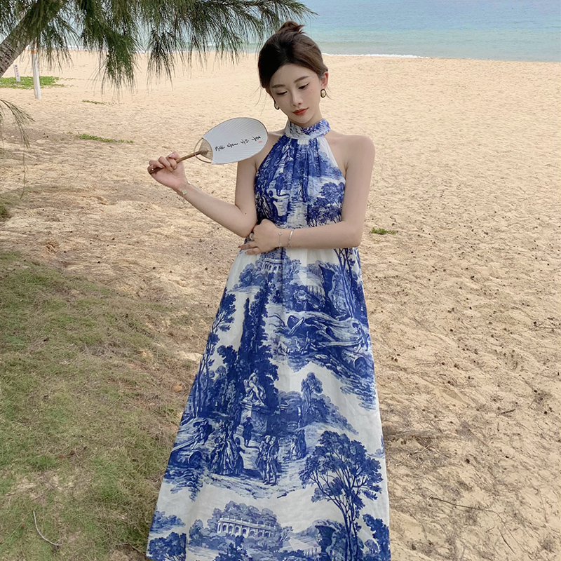 COS Women's Casual A-Line Linen Floral Print Dress Blue White Summer 2023 - Image 2