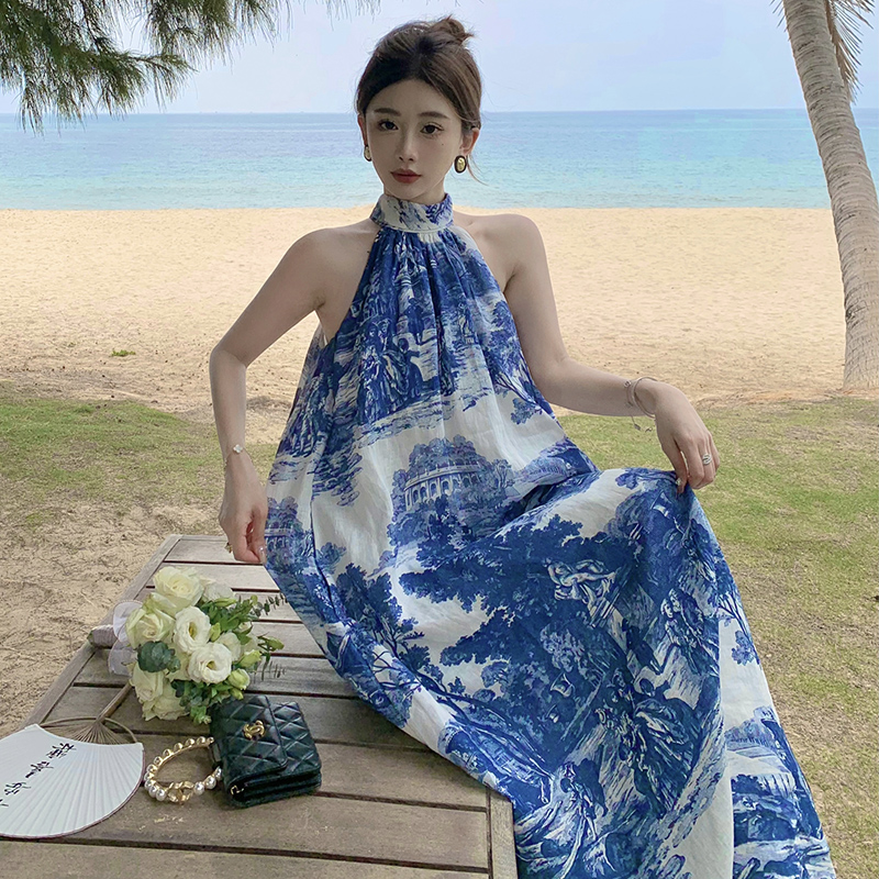 COS Women's Casual A-Line Linen Floral Print Dress Blue White Summer 2023 - Image 5