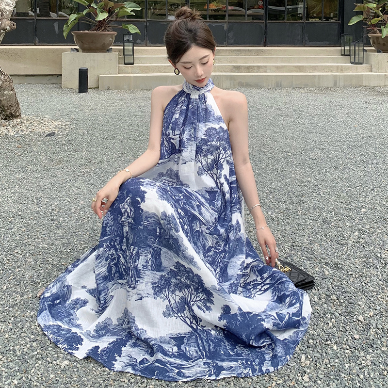 COS Women's Casual A-Line Linen Floral Print Dress Blue White Summer 2023 - Image 4