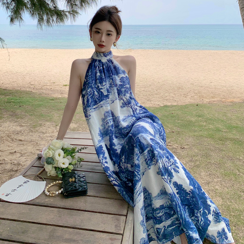 COS Women's Casual A-Line Linen Floral Print Dress Blue White Summer 2023