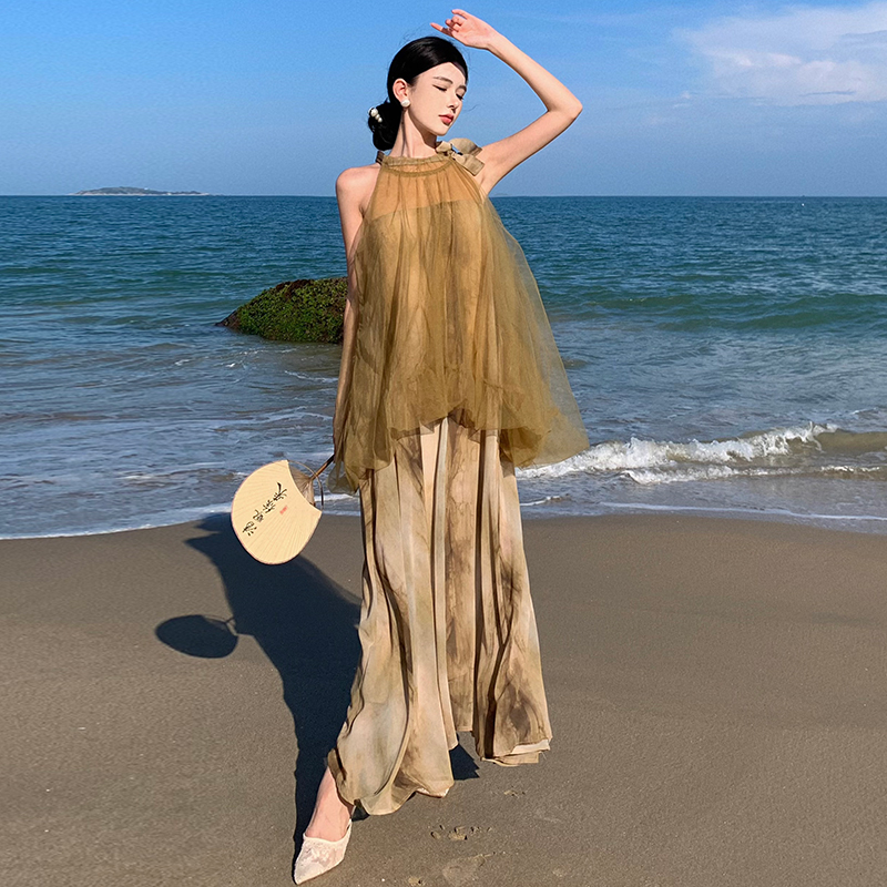 Elegant Halter Mesh Tie-Dye Chiffon Dress with Layered Look Summer Women
