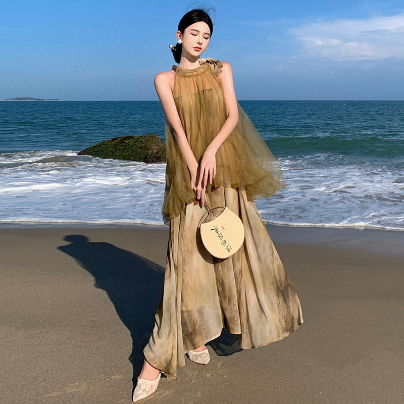 Elegant Halter Mesh Tie-Dye Chiffon Dress with Layered Look Summer Women - Image 3