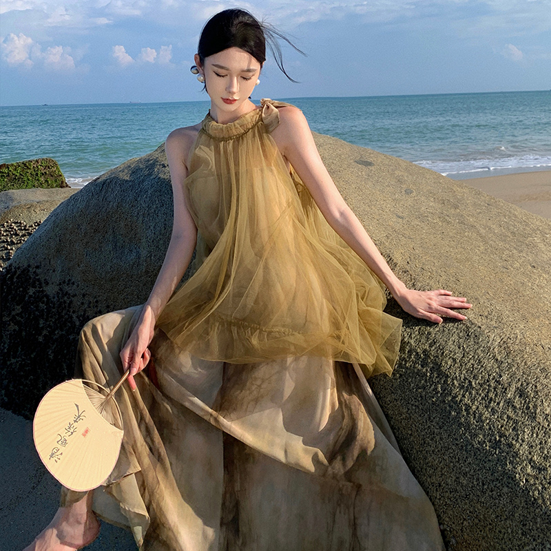 Elegant Halter Mesh Tie-Dye Chiffon Dress with Layered Look Summer Women - Image 4