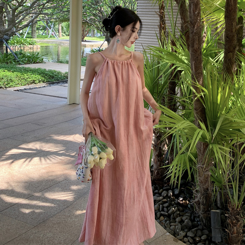 Plant-Dyed Linen Slip Dress Women Loose Slimming Flared Pleated Sleeveless Off-Shoulder Long Dress