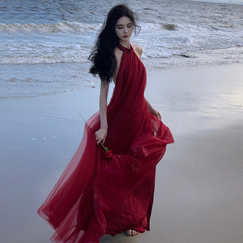 Niche Halter Mesh Dress Open Back Gown Wedding Toast Dress Going Out Dress Morning Robe Women