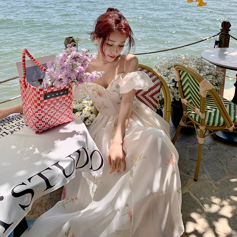 Off-Shoulder Puff Sleeve Floral Cami Dress 2022 Summer French Style Long Dress