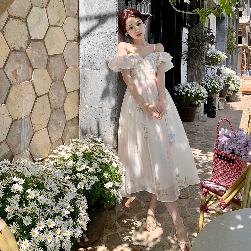 Off-Shoulder Puff Sleeve Floral Cami Dress 2022 Summer French Style Long Dress - Image 2