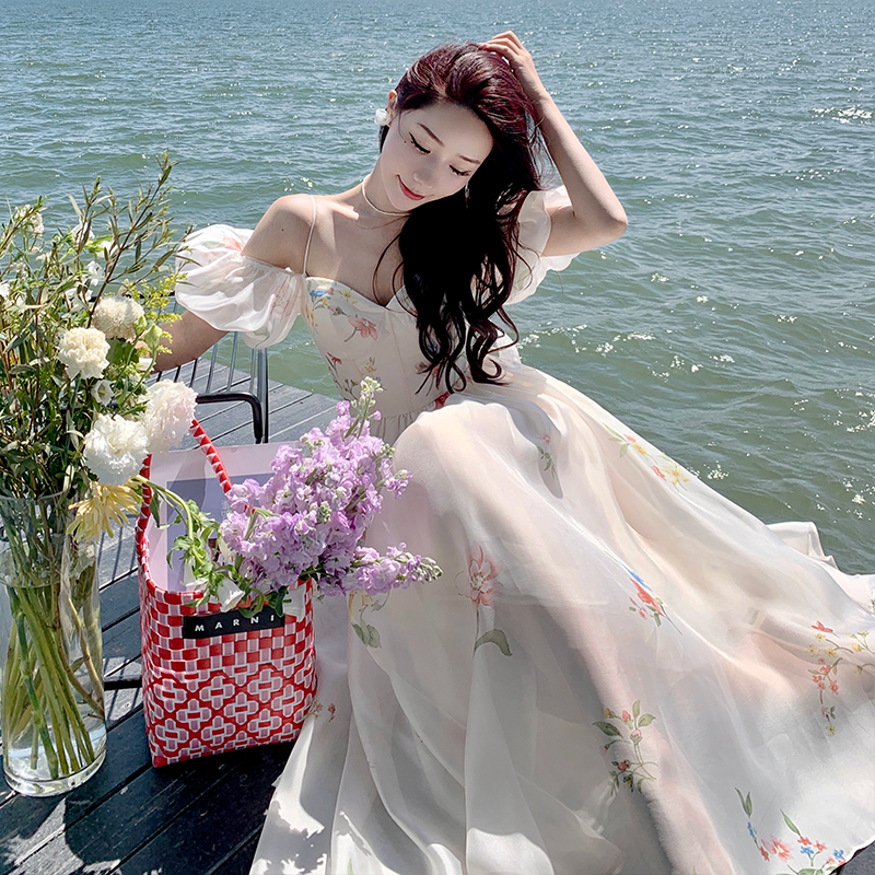 Off-Shoulder Puff Sleeve Floral Cami Dress 2022 Summer French Style Long Dress - Image 4