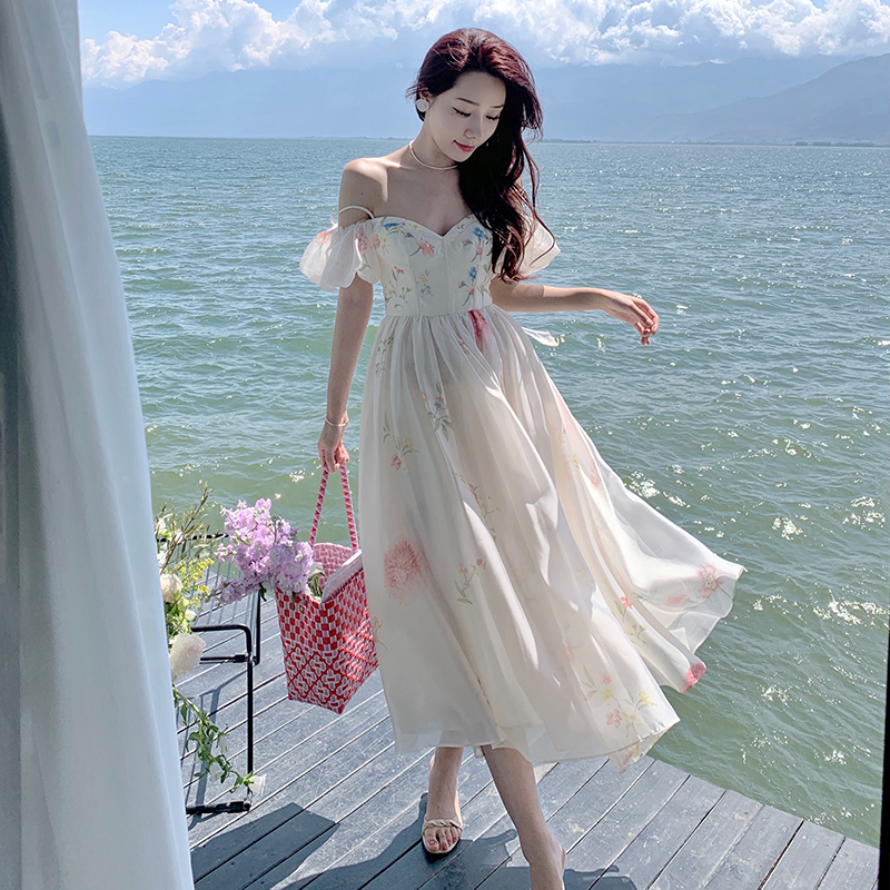 Off-Shoulder Puff Sleeve Floral Cami Dress 2022 Summer French Style Long Dress - Image 5