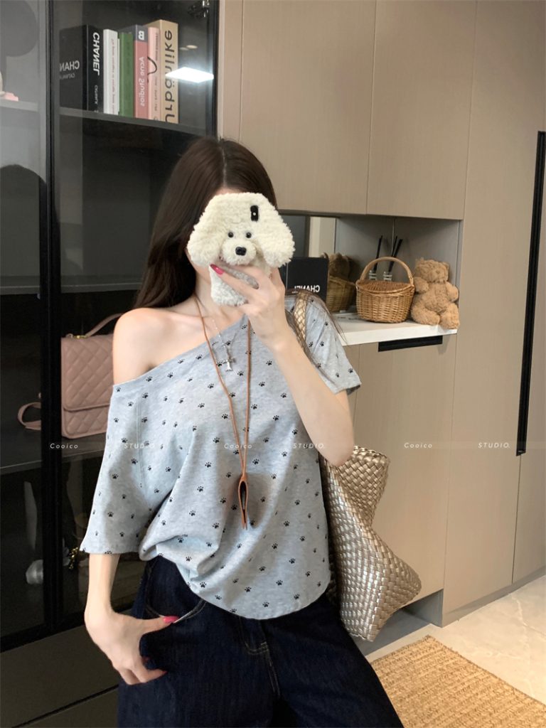Gray One-Shoulder Printed Short-Sleeve T-Shirt for Women Summer Loose Off-Shoulder Top