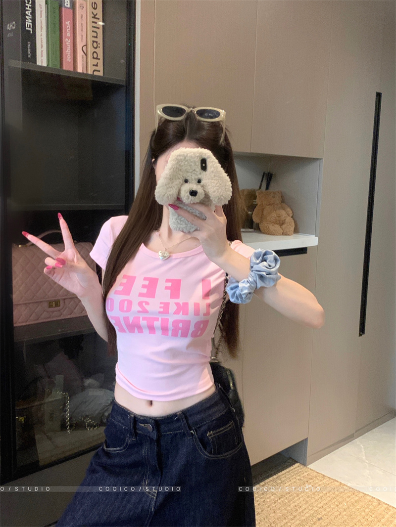 American Style Pink Letter Print T-Shirt for Women Summer Round Neck Short Sleeve Slim Fit