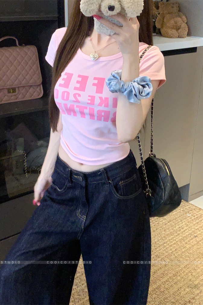 American Style Pink Letter Print T-Shirt for Women Summer Round Neck Short Sleeve Slim Fit - Image 5