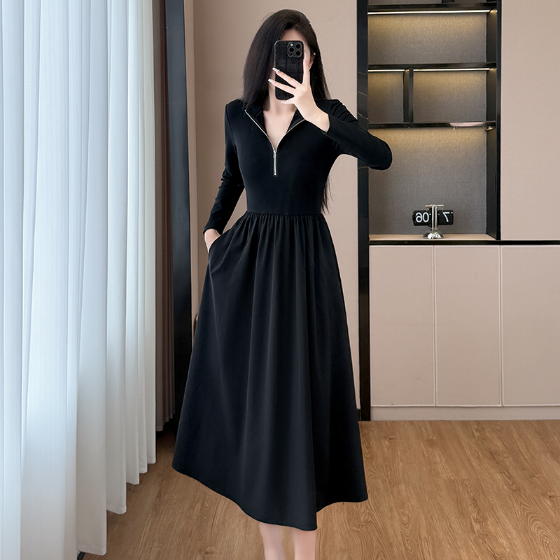 Hepburn Style Black Dress Women's Spring Autumn Long Sleeve A-Line High Waist Fake Two-Piece Long Dress