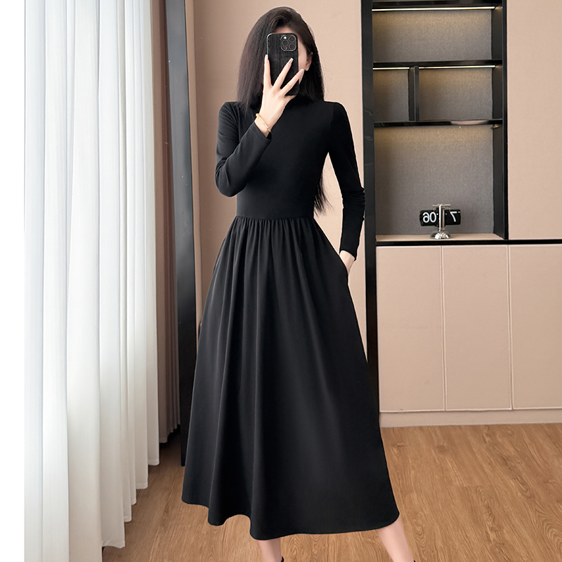 Half Turtleneck Hepburn Style Little Black Dress Fall Long A-Line Dress