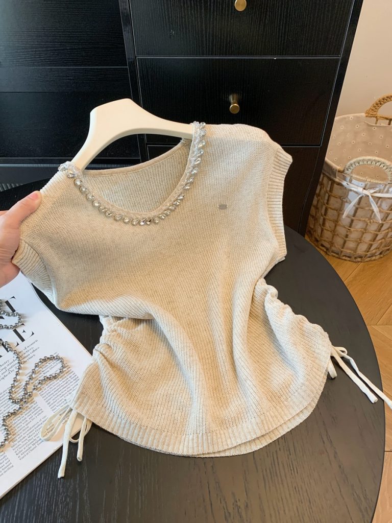 French Style Short Sleeve V Neck Diamond Knit T Shirt Light Purple Top