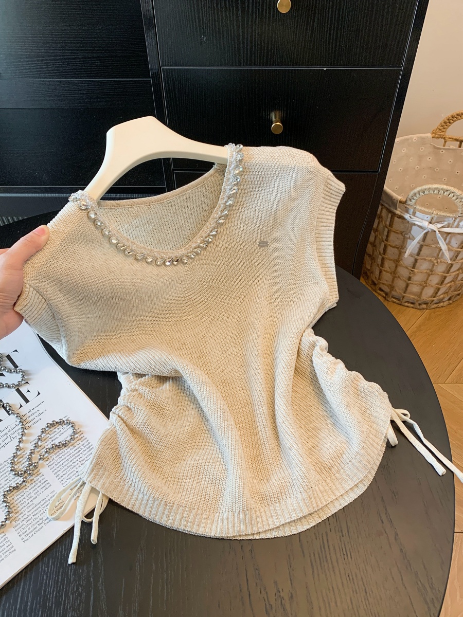 French Style Short Sleeve V Neck Diamond Knit T Shirt Light Purple Top