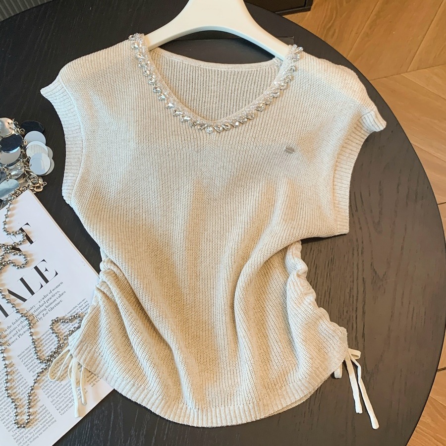 French Style Short Sleeve V Neck Diamond Knit T Shirt Light Purple Top - Image 5