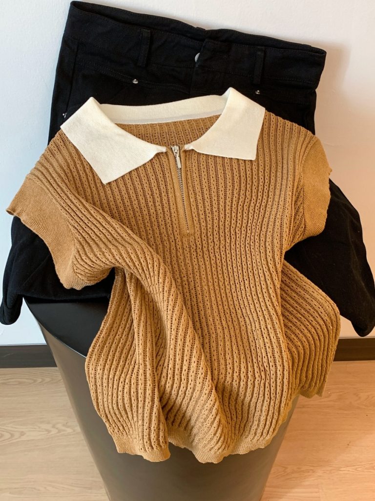 Korean Style Color Block Turn-Down Collar Short Sleeve Knit T-Shirt for Women Summer New Old Money Style Commuter Slimming Top