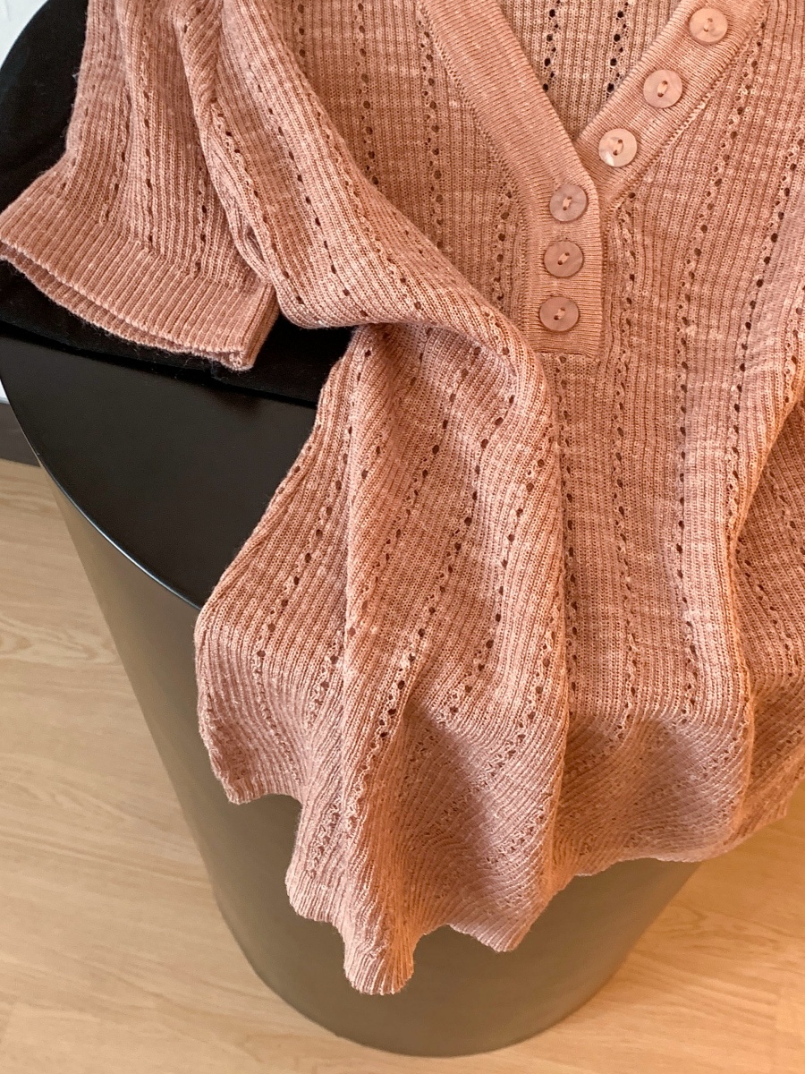 Korean Hollow V-Neck Button Short Sleeve Knit Top Women Summer Lazy Style - Image 4