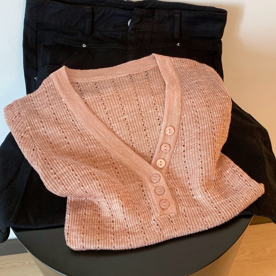 Korean Hollow V-Neck Button Short Sleeve Knit Top Women Summer Lazy Style - Image 5