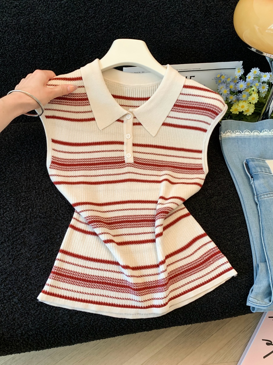2026 Summer New Casual Slim Fit Button Color Block Striped Sleeveless Lapel Knit Top for Women