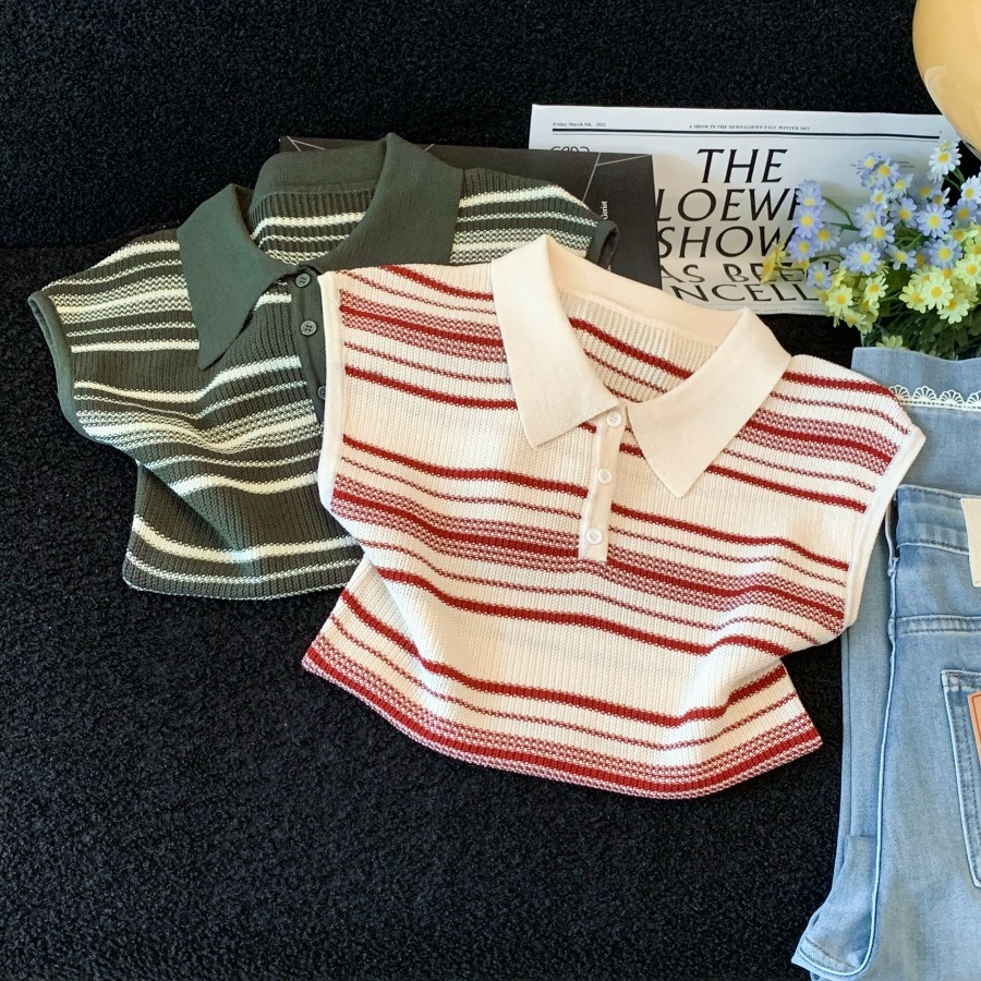 2026 Summer New Casual Slim Fit Button Color Block Striped Sleeveless Lapel Knit Top for Women - Image 5