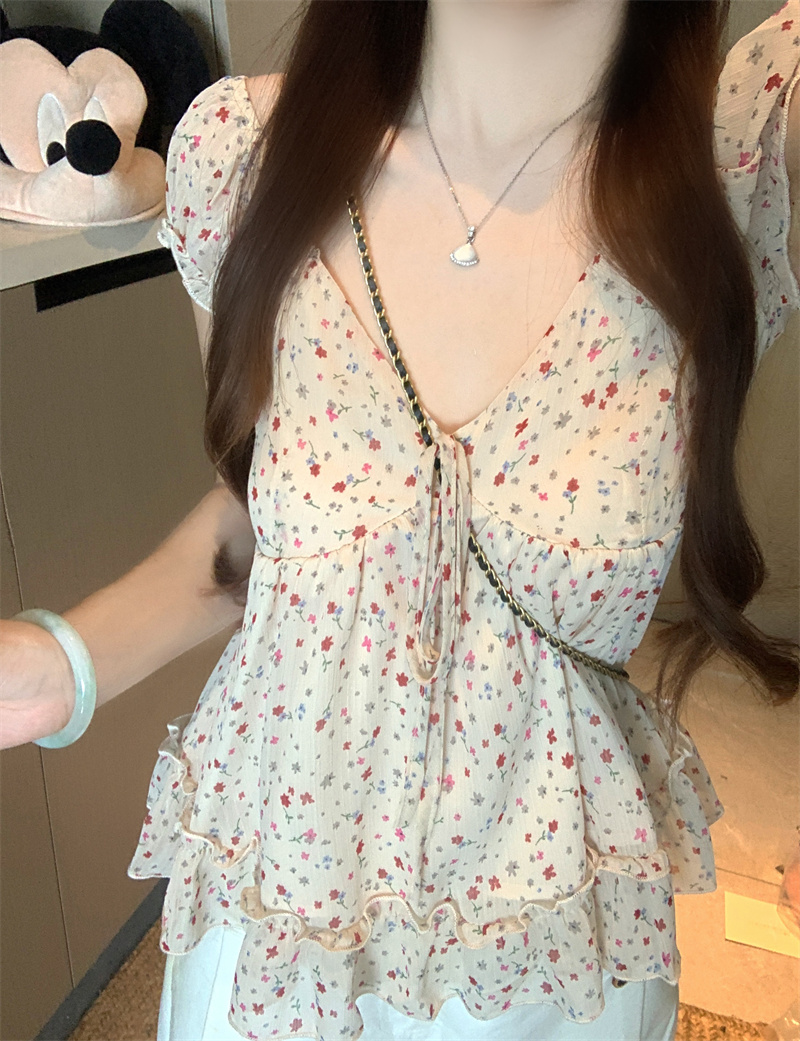 Sweet V-Neck Lace Spliced Floral Cinched Waist Women's Top - Image 3