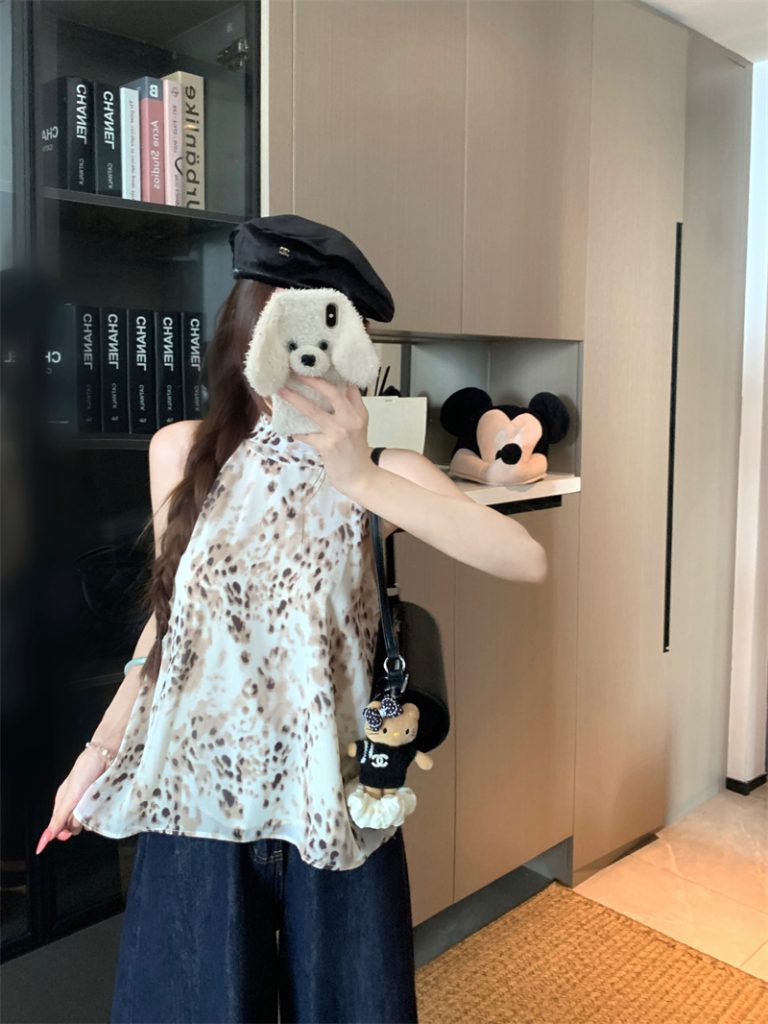 Women's Summer Retro Leopard Print Halter Top with Ties