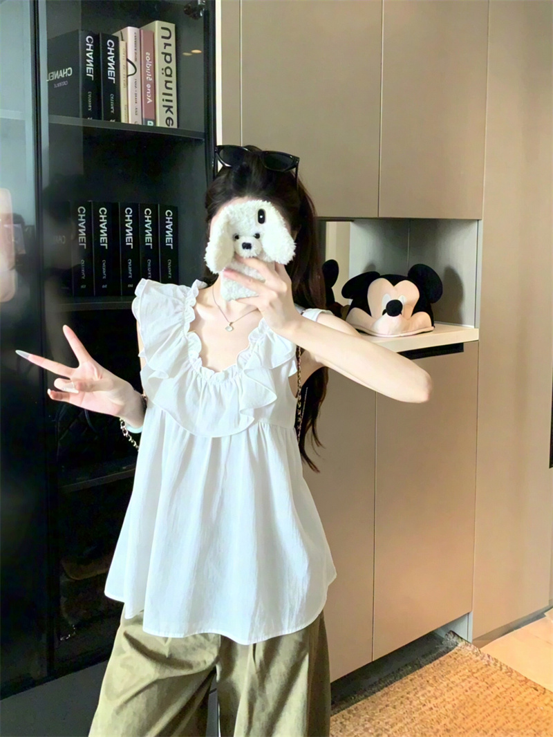 Women Summer Cotton-Linen Texture Ruffle Fly Sleeve Shirt Lightweight Cool Top - Image 4