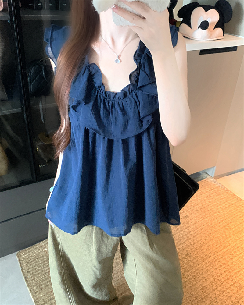 Women Summer Cotton-Linen Texture Ruffle Fly Sleeve Shirt Lightweight Cool Top - Image 3