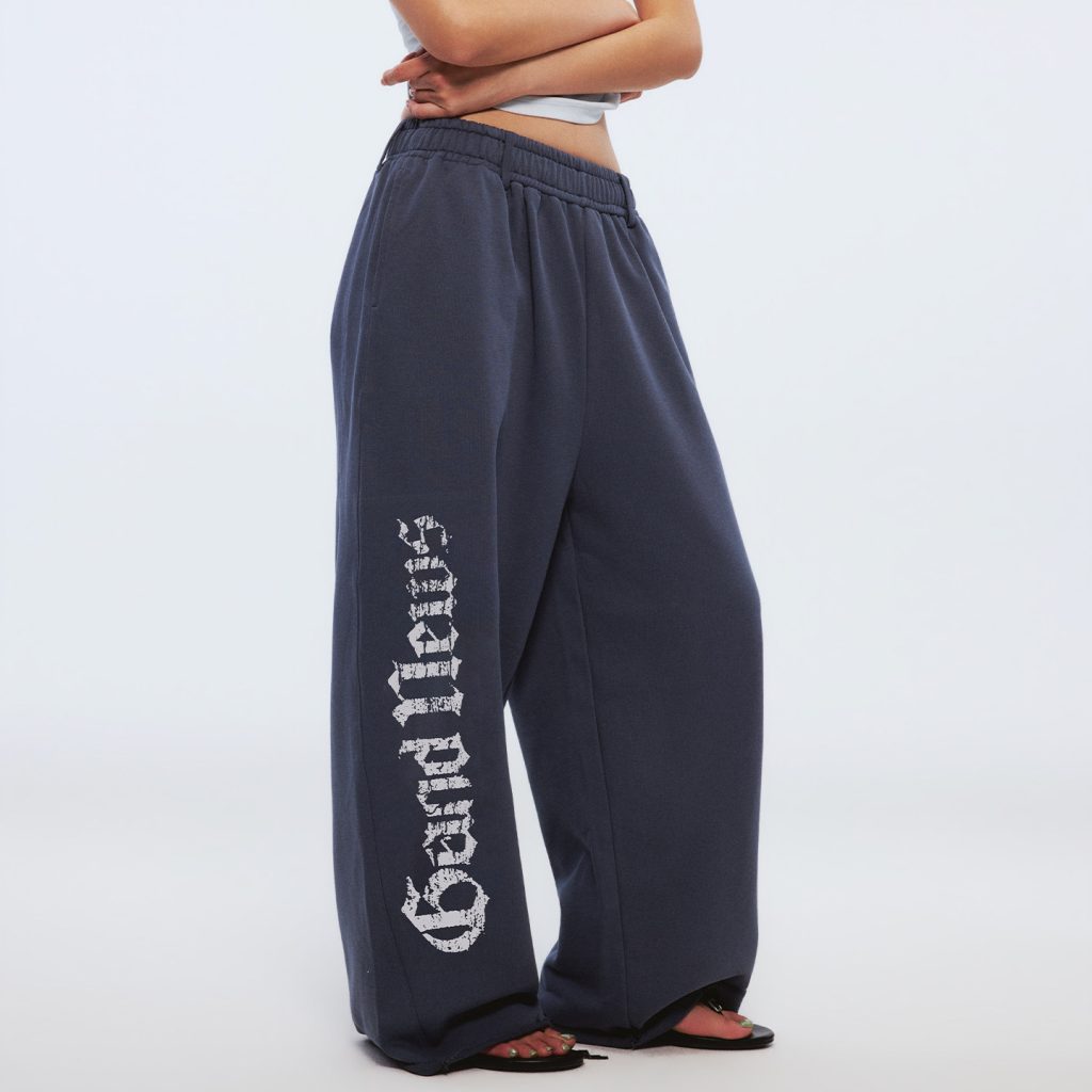 Women's Blue Gray Letter Print Wide Leg Sweatpants Casual Loose High Waist Woven Pants