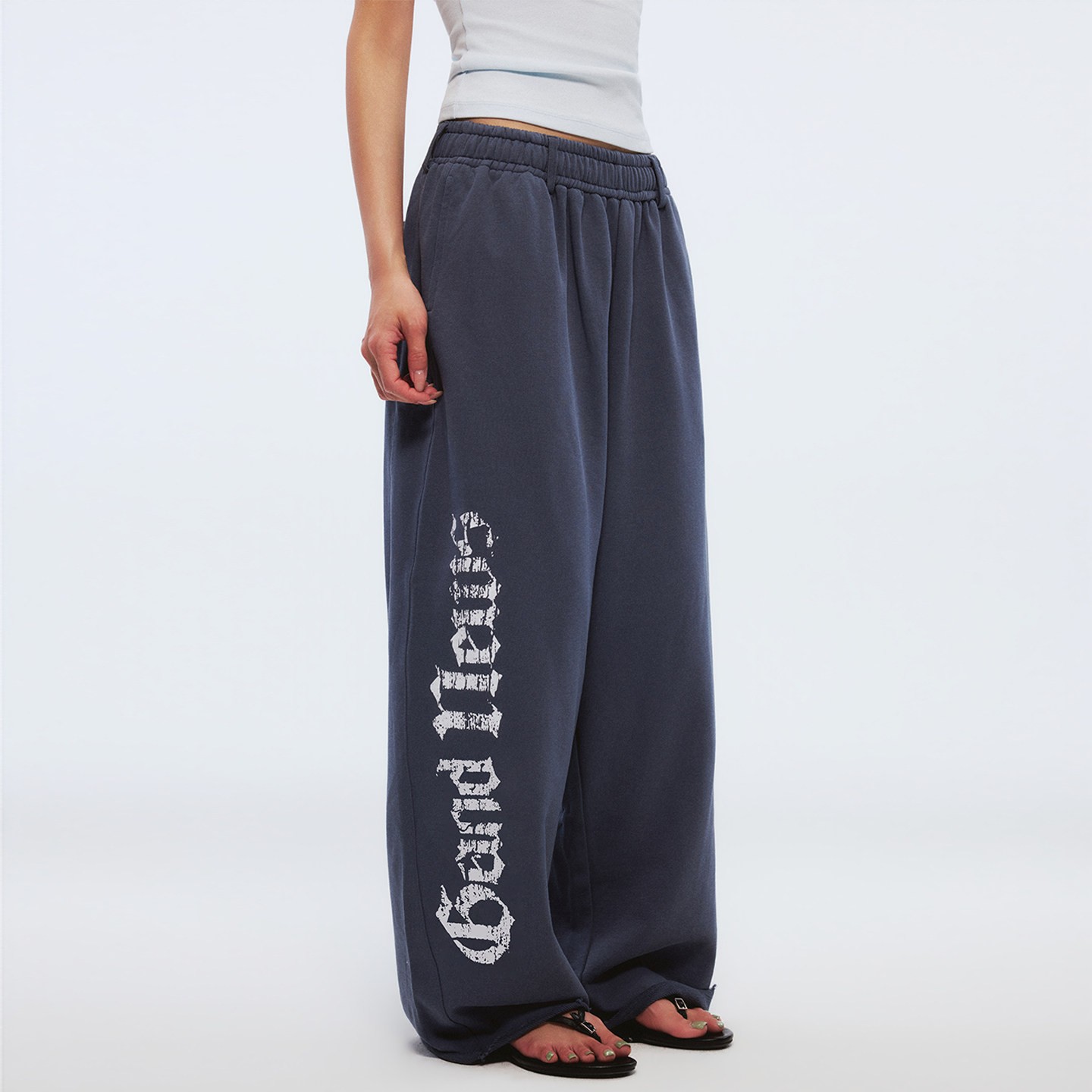 Women's Blue Gray Letter Print Wide Leg Sweatpants Casual Loose High Waist Woven Pants - Image 3