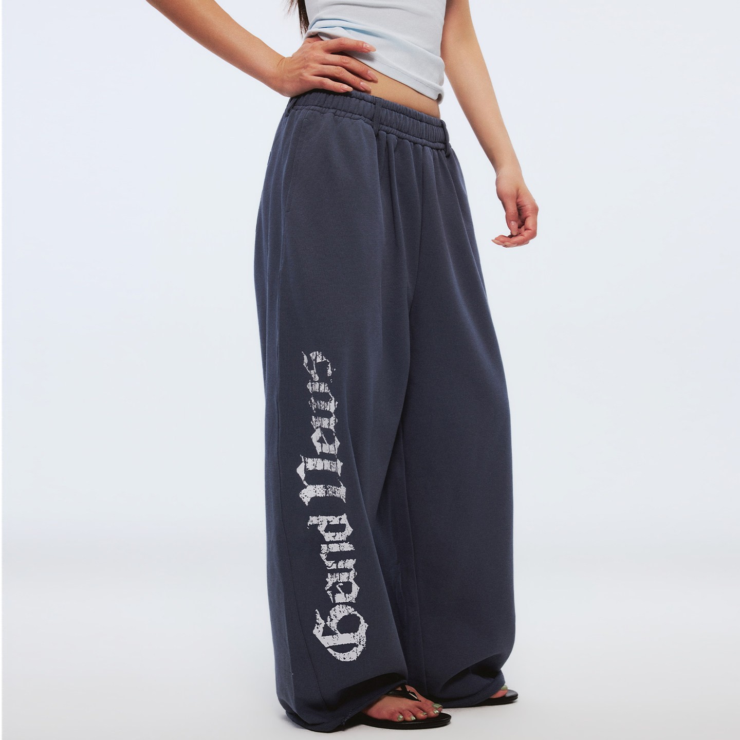 Women's Blue Gray Letter Print Wide Leg Sweatpants Casual Loose High Waist Woven Pants - Image 4