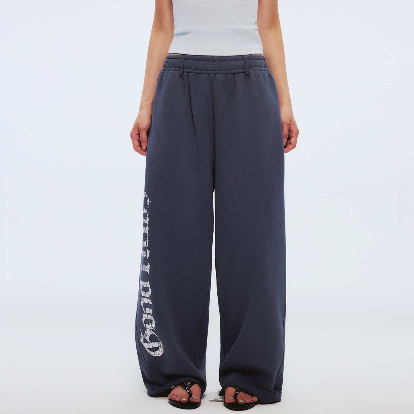 Women's Blue Gray Letter Print Wide Leg Sweatpants Casual Loose High Waist Woven Pants - Image 2