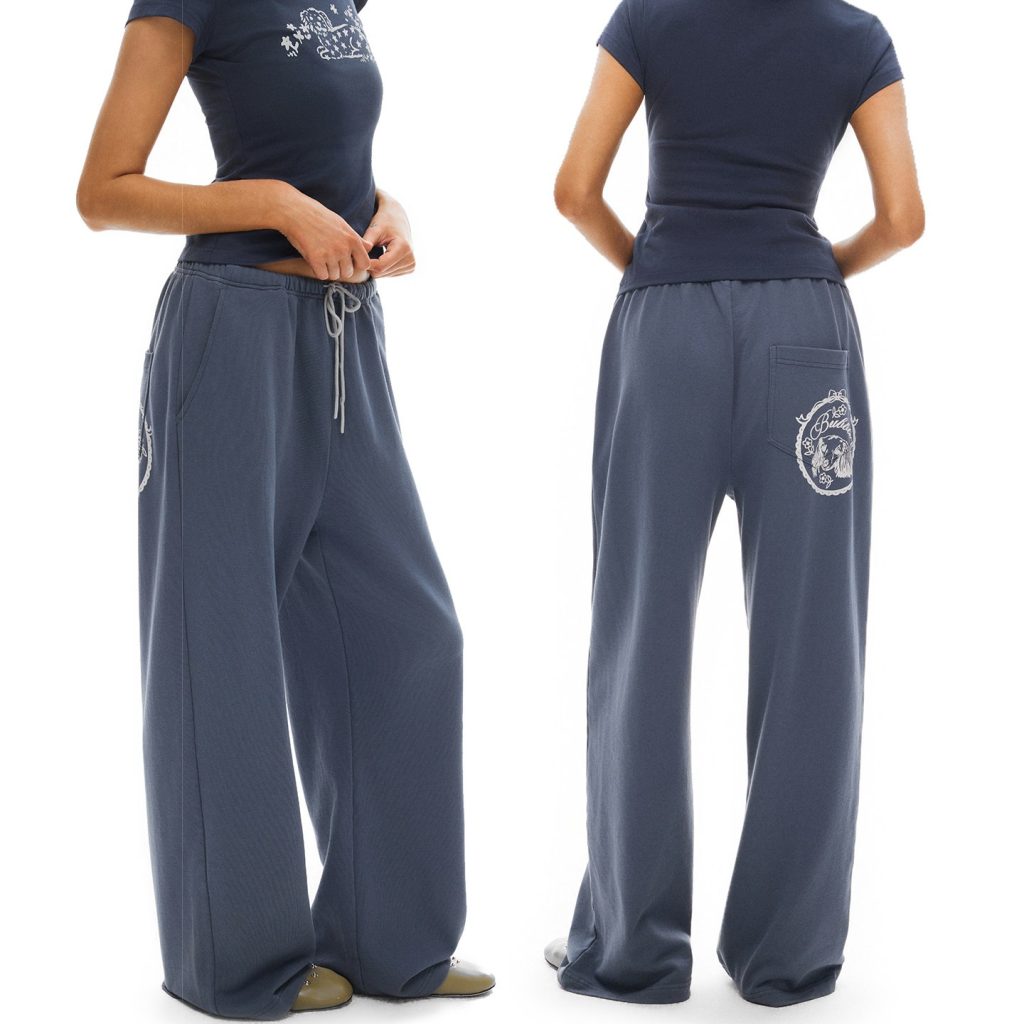 100% Cotton Enzyme Wash Print Wide Leg Casual Pants with Pockets